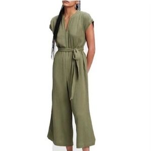 NWT Gap Gauze Jumpsuit Split Neck Pockets Belted‎ Flowy Cropped Wide Leg Green 8